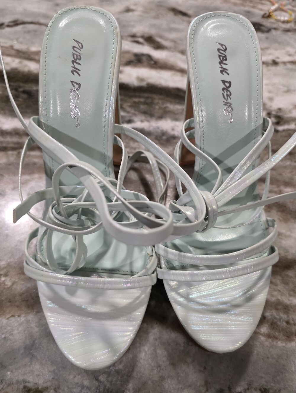 Public Desire Mint Iridescent Lace Up Platform Heels Strappy Block Heel 7.5 - Picture 6 of 10